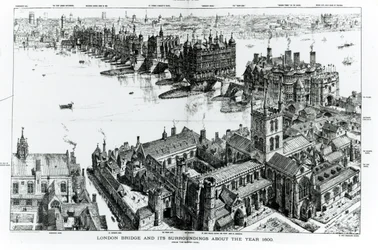 London Bridge and its Surroundings at about the year 1600, from “Old London Illustrated, a Series of Drawings illustrating London in the XVIth Century”, 1884